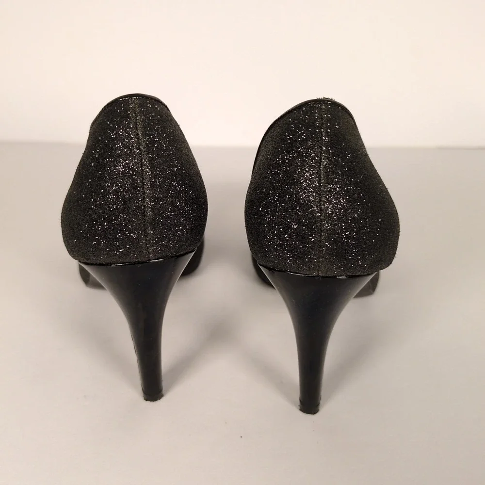 IMPO VTG Black‎ Heels SZ 7 Patent Leather Glitter Open Toe Bow Accent Pumps